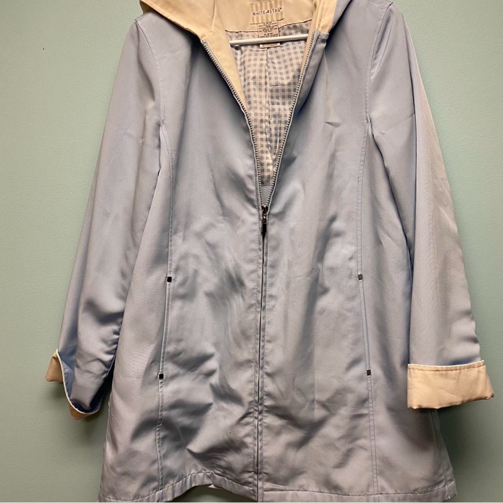 White Stag Light Blue Hooded Trench Coat with Cream Trim